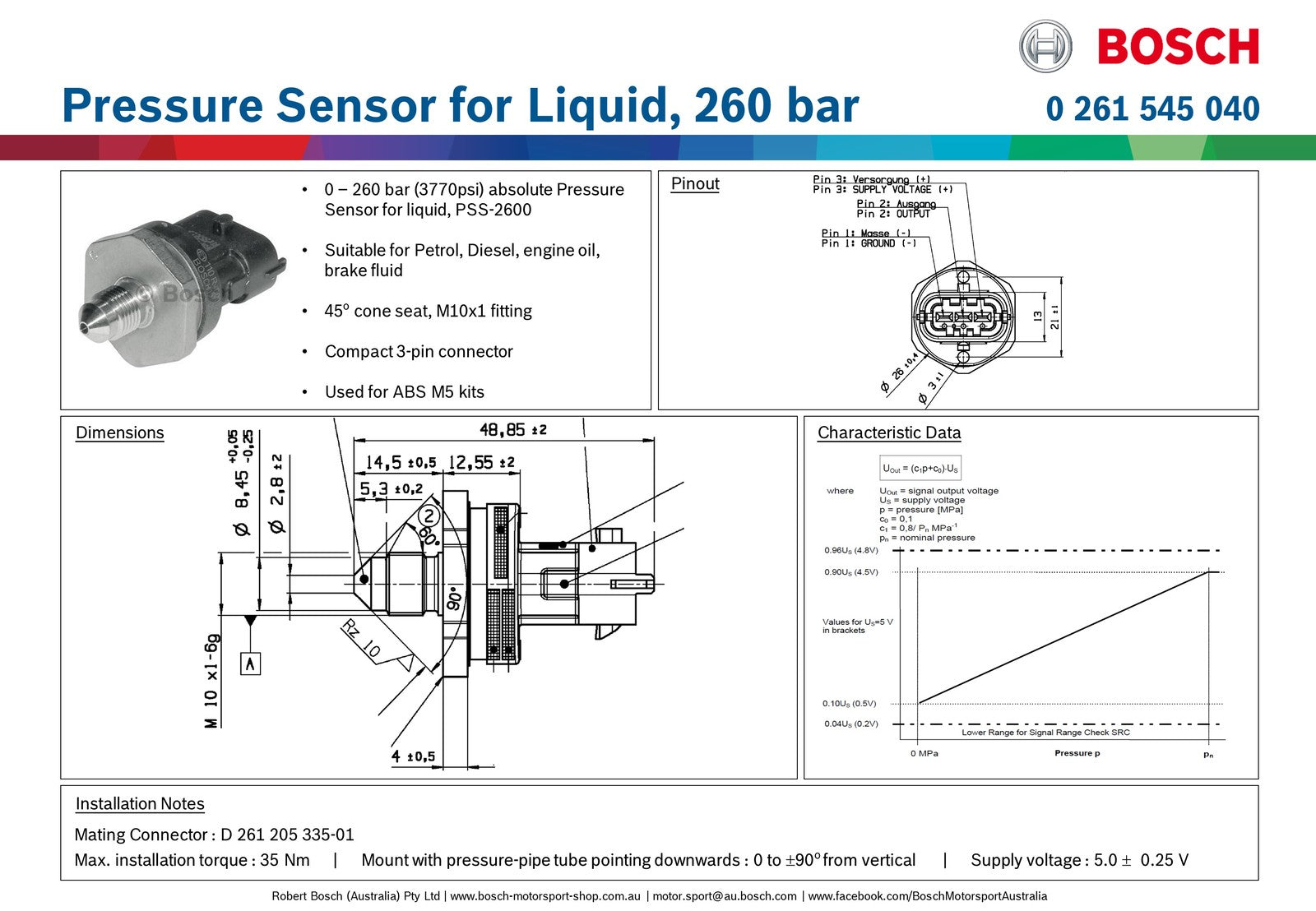 Bosch Pressure Sensor for Liquid, 250 bar