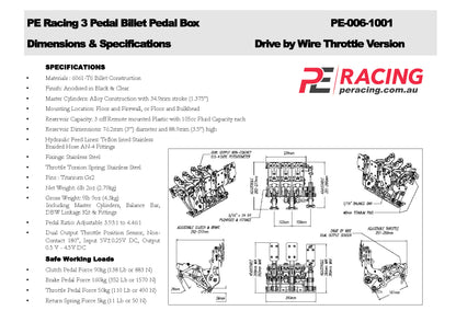PE Racing PE-005-1001 Billet 3 Pedal Box Specifications — drive by wire throttle version dimensions, safe working loads and pedal ratios